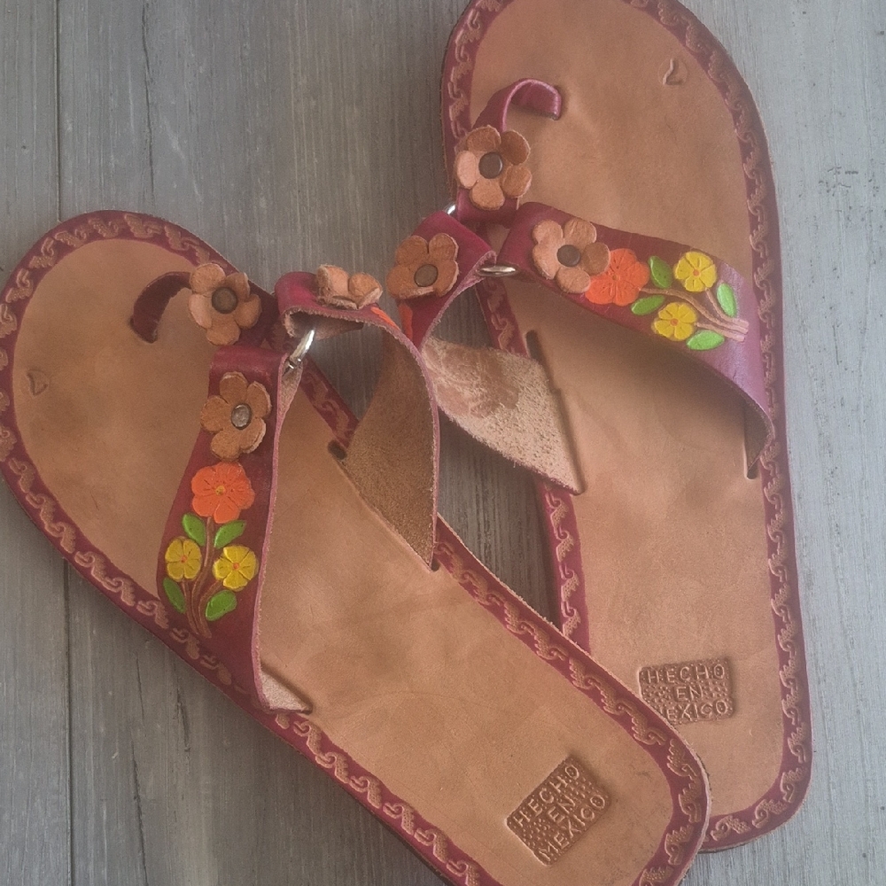 Handcrafted Brown Floral Leather Women's Sandals WOMENS 7